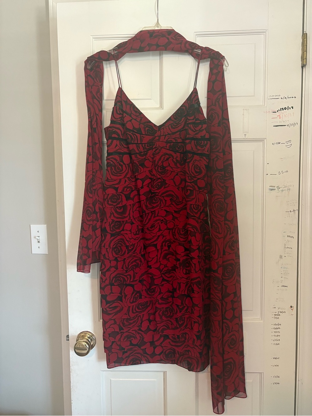 Chetta B Red and Black Spaghetti Strat Rose-Print Dress with Scarf / Shawl